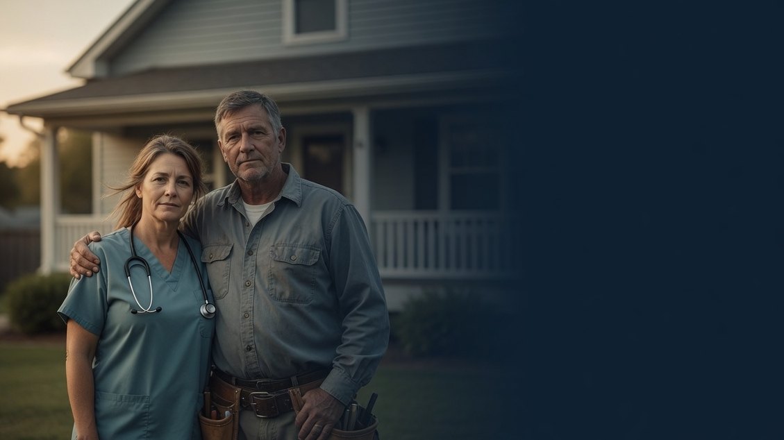 A nurse and a tradesman standing in front of their home