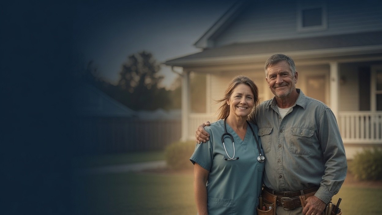 A smiling nurse and tradesman in front of their home